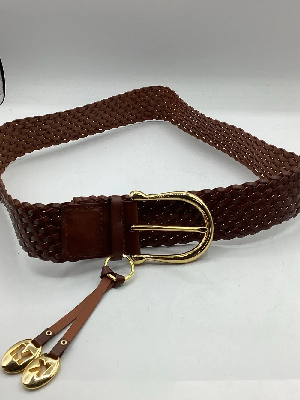 Michael Kors Women's Braided Leather Belt in Brown with Gold Buckle Size Large